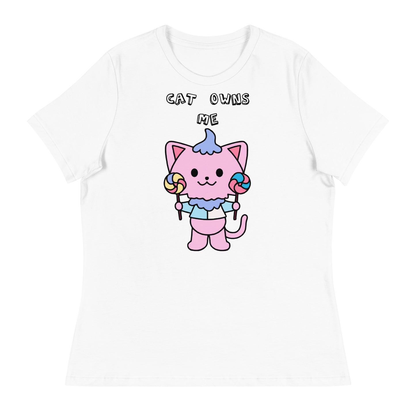 Women's White T-Shirt with Pink Kitten With Lollipops with a text "Cat Owns Me" at $25.97 found at Personalizedpetlovergifts