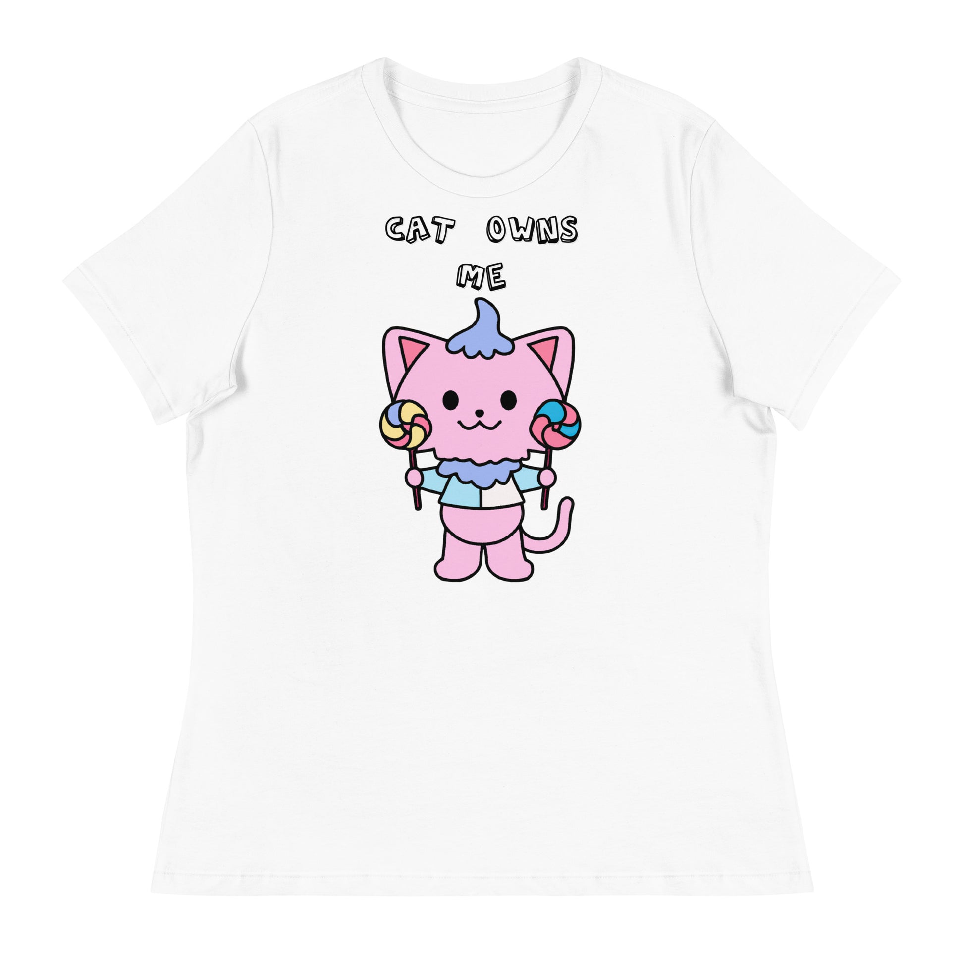 Women's White T-Shirt with Pink Kitten With Lollipops with a text "Cat Owns Me" at $25.97 found at Personalizedpetlovergifts