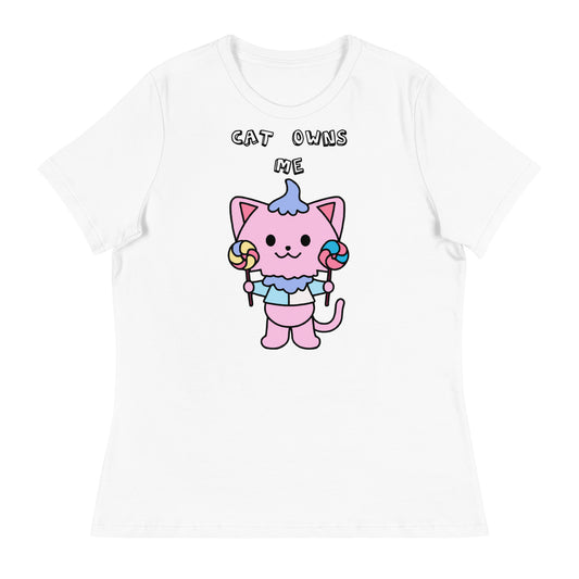 Women's White T-Shirt with Pink Kitten With Lollipops with a text "Cat Owns Me" at $25.97 found at Personalizedpetlovergifts