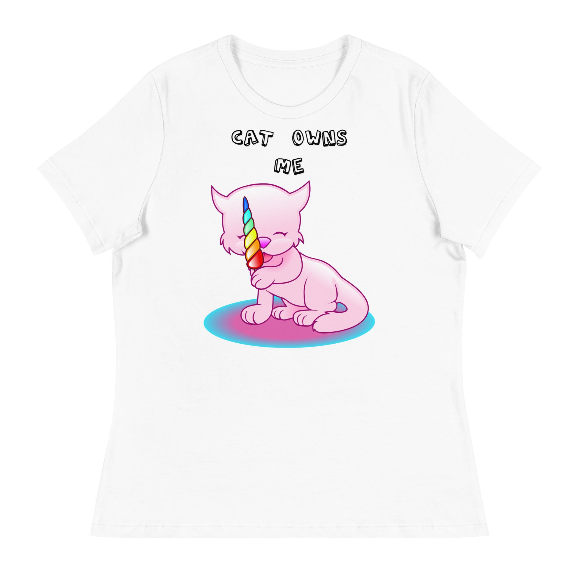 Women's White T-Shirt with Pink Kitten Licking Candy with a text "Cat Owns Me" at $25.97 found at Personalizedpetlovergifts