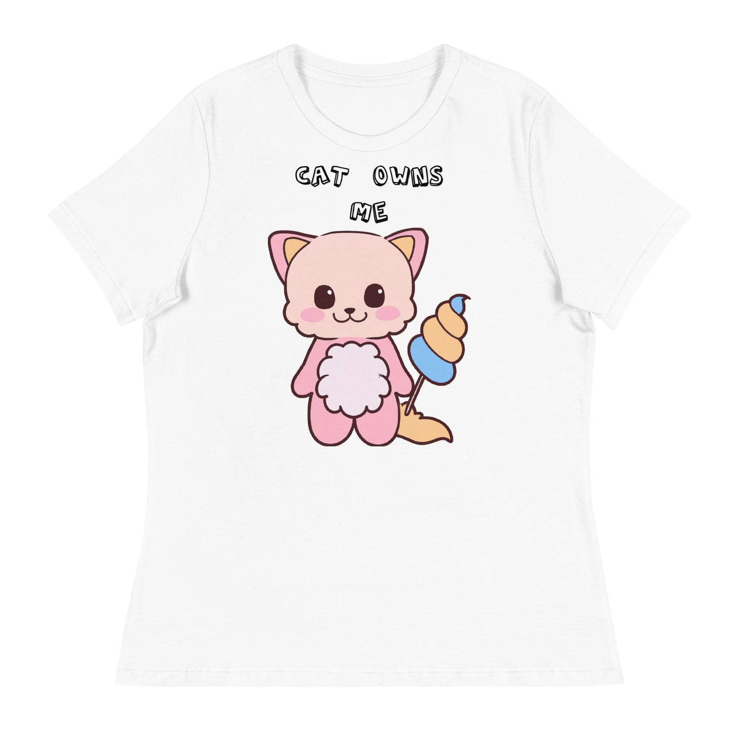 Women's White T-Shirt with Pink Kitten Holding a Cotton Candy with a text "Cat Owns Me" at $25.97 found at Personalizedpetlovergifts