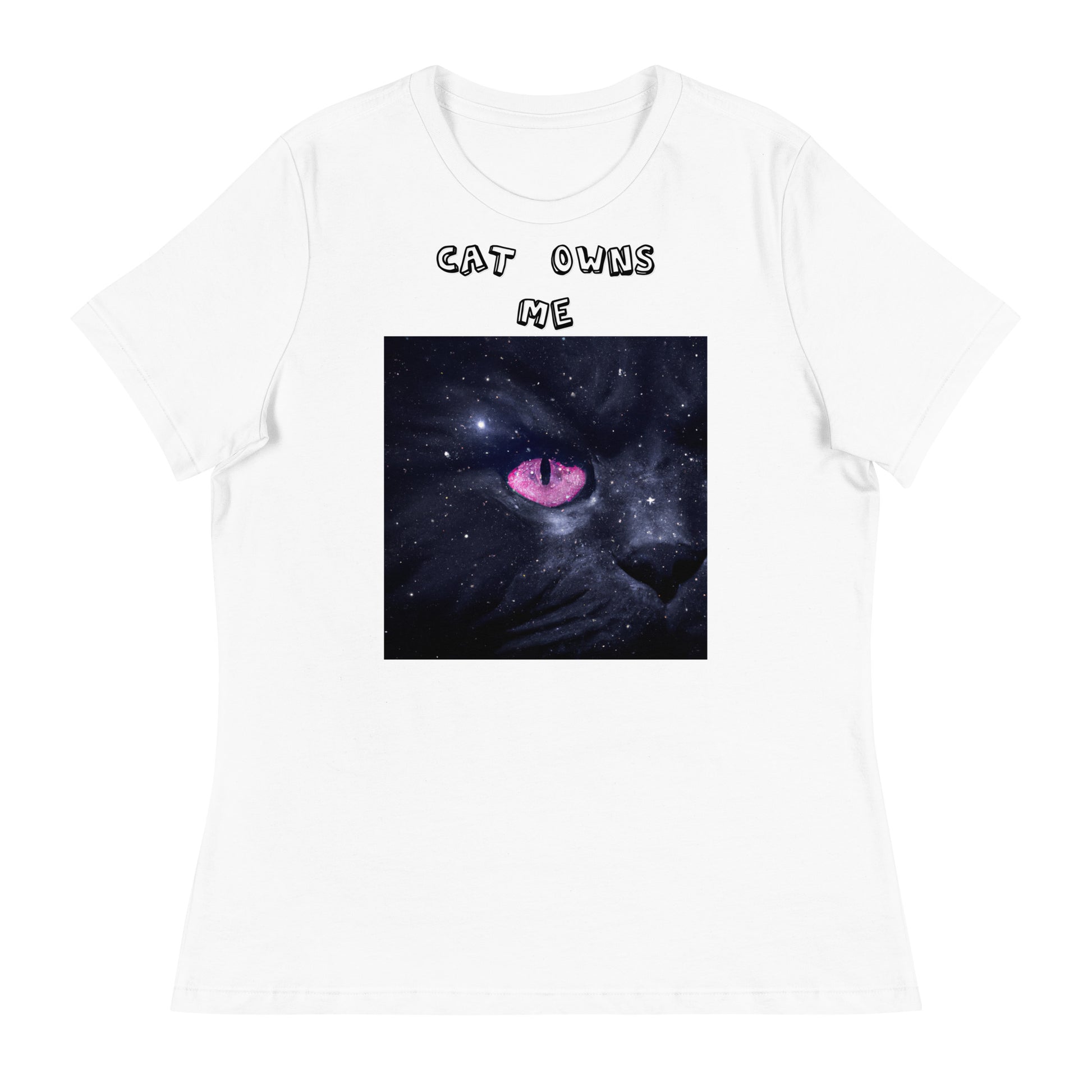 Women's White T-Shirt with Pink Galaxy Eyed Cat with a text "Cat Owns Me" at $25.97 found at Personalizedpetlovergifts