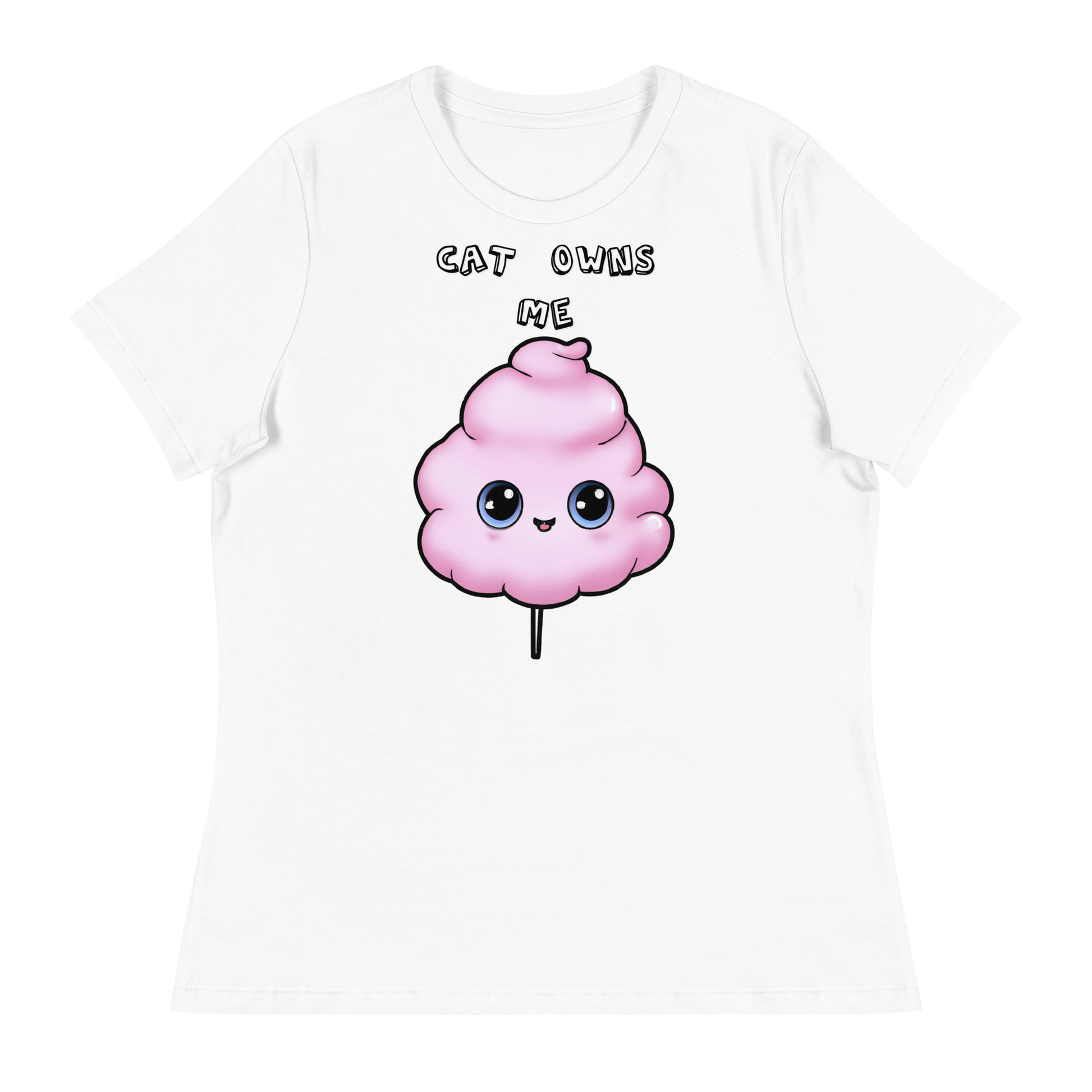 Women's White T-Shirt with Pink Cotton Candy With Cute Eyes with a text "Cat Owns Me" at $25.97 found at Personalizedpetlovergifts