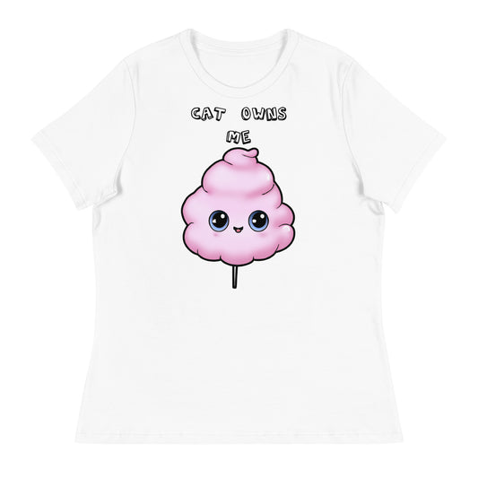 Women's White T-Shirt with Pink Cotton Candy With Cute Eyes with a text "Cat Owns Me" at $25.97 found at Personalizedpetlovergifts