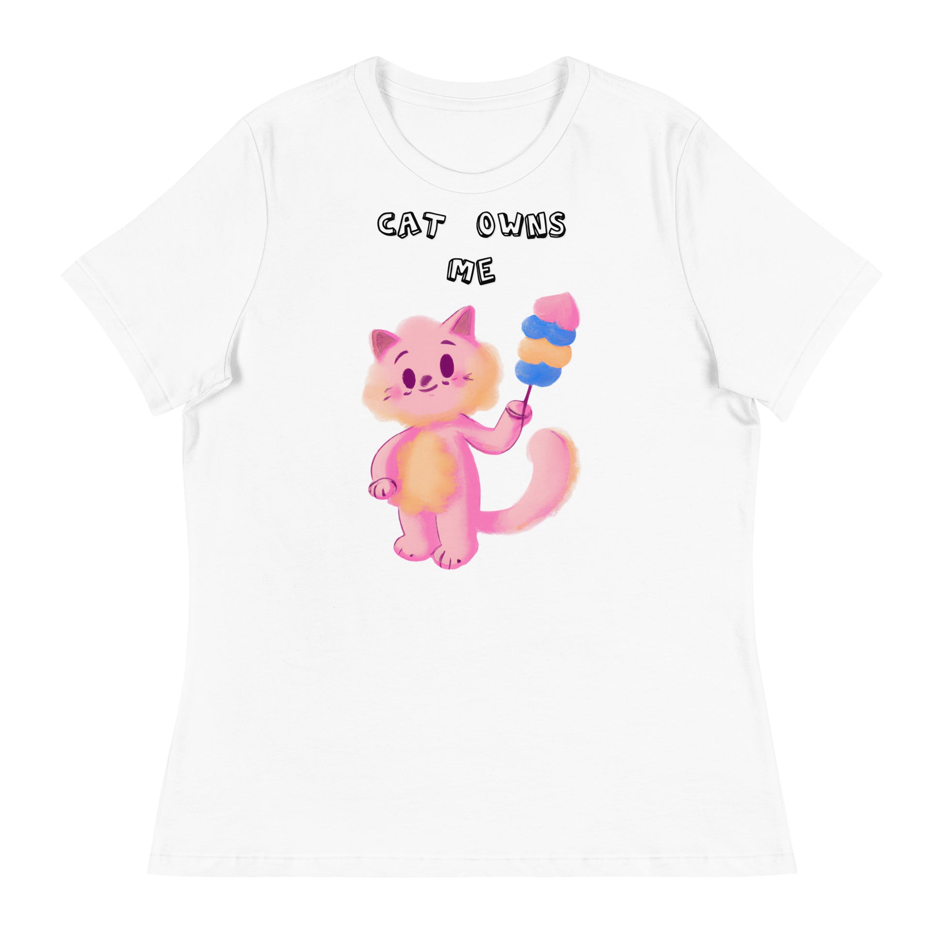 Women's White T-Shirt with Pink Cat With Cotton Candy with a text "Cat Owns Me" at $25.97 found at Personalizedpetlovergifts