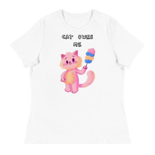 Women's White T-Shirt with Pink Cat With Cotton Candy with a text "Cat Owns Me" at $25.97 found at Personalizedpetlovergifts