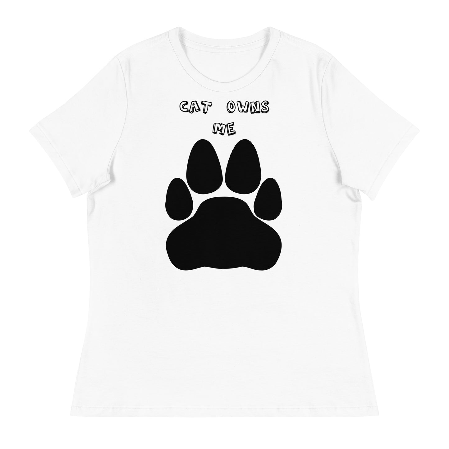 Women's White T-Shirt with Paw with a text "Cat Owns Me" at $25.97 found at Personalizedpetlovergifts