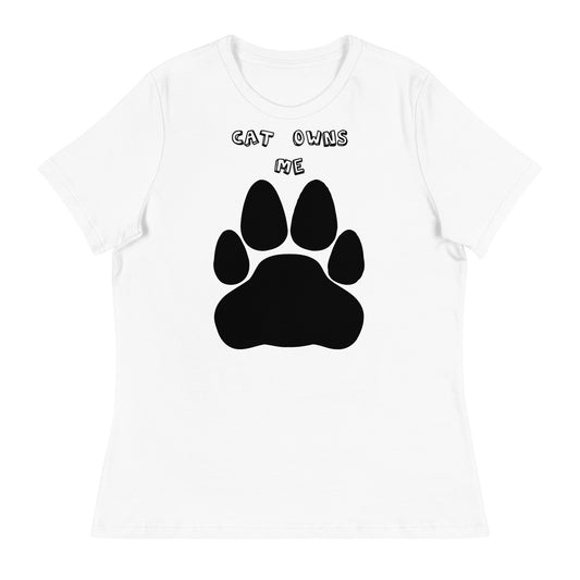 Women's White T-Shirt with Paw with a text "Cat Owns Me" at $25.97 found at Personalizedpetlovergifts