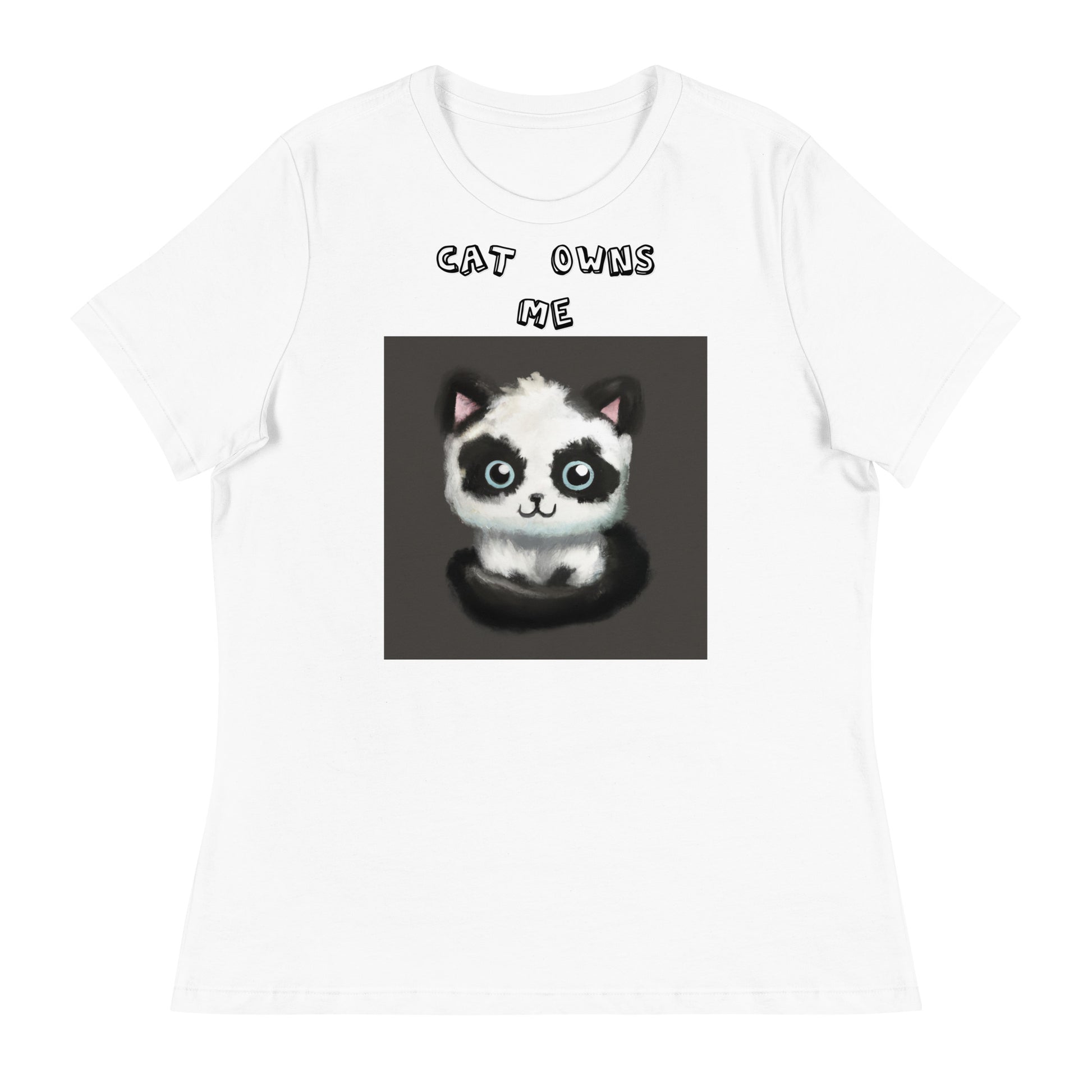 Women's White T-Shirt with Panda Colored Kitten with a text "Cat Owns Me" at $25.97 found at Personalizedpetlovergifts