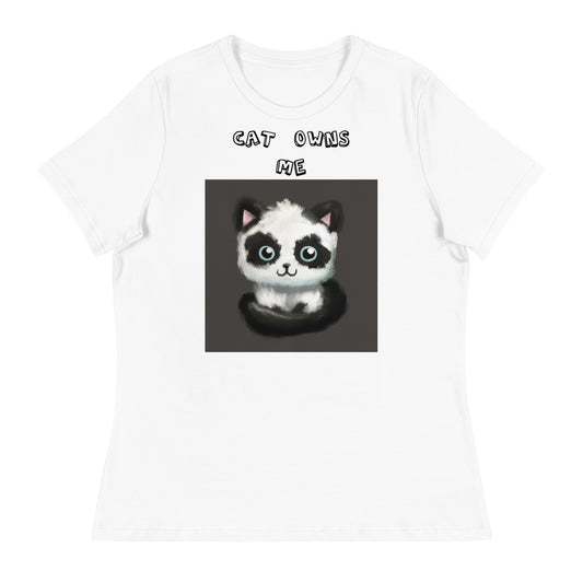 Women's White T-Shirt with Panda Colored Kitten with a text "Cat Owns Me" at $25.97 found at Personalizedpetlovergifts