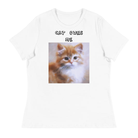 Women's White T-Shirt with Orange Fluffy Kitten with a text "Cat Owns Me" at $25.97 found at Personalizedpetlovergifts