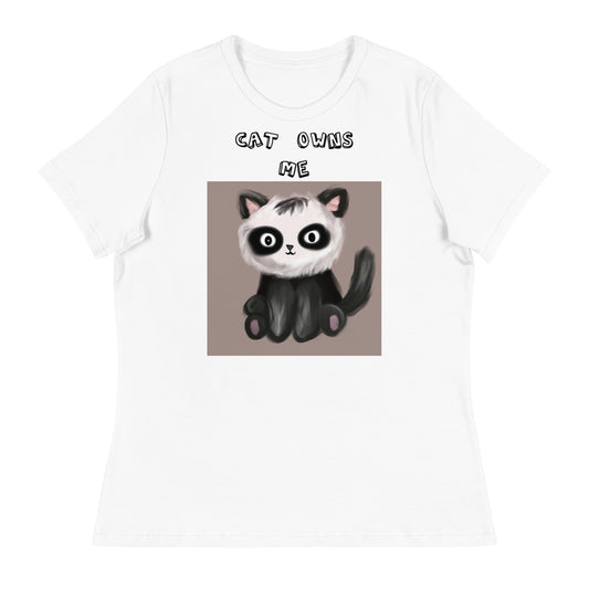 Women's White T-Shirt with Kitten With Panda Colors with a text "Cat Owns Me" at $25.97 found at Personalizedpetlovergifts