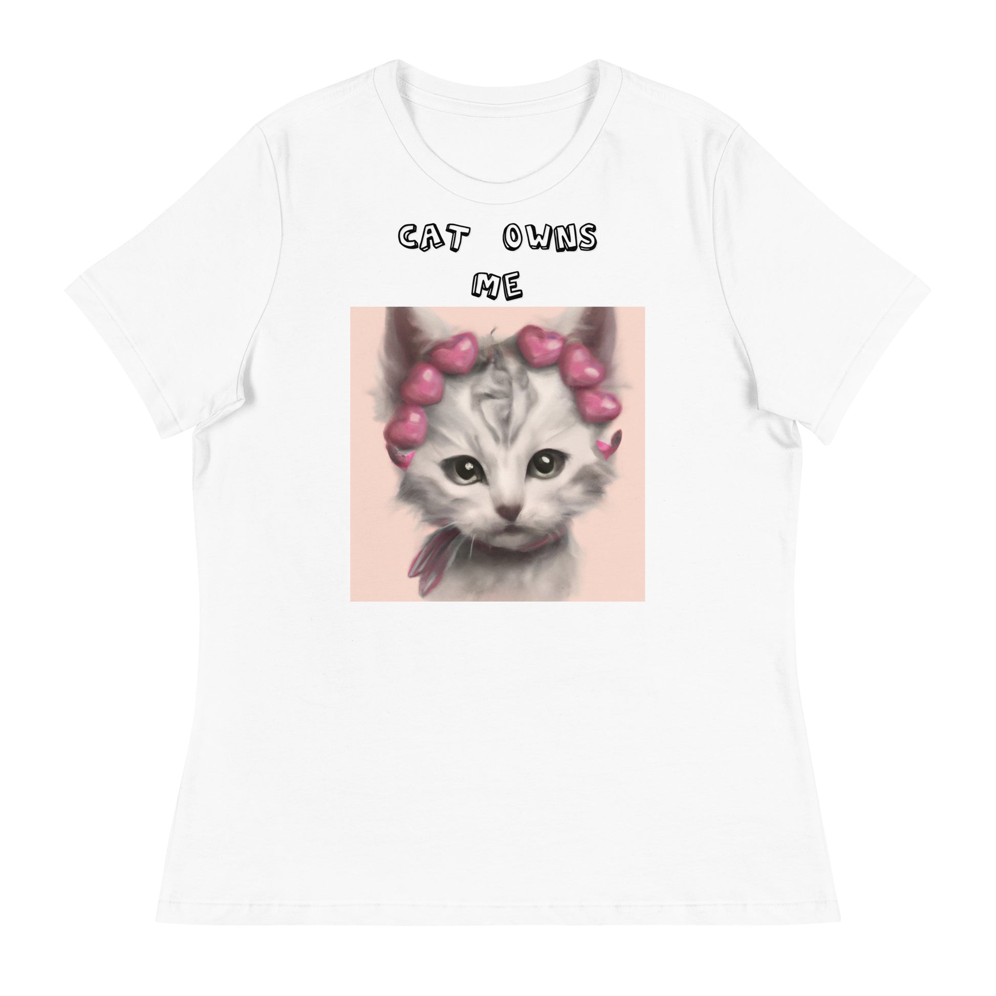 Women's White T-Shirt with Kitten With Heart Headband with a text "Cat Owns Me" at $25.97 found at Personalizedpetlovergifts