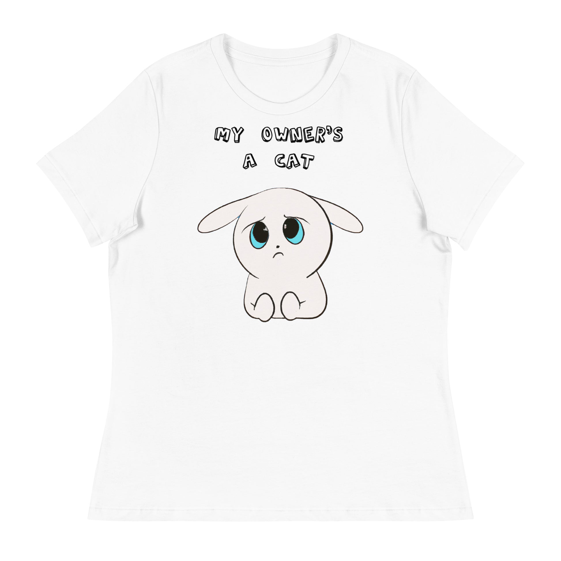 Women's White T-Shirt with Sad White Kitten with a text "My Owner's a Cat" at $25.97 found at Personalizedpetlovergifts