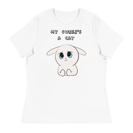 Women's White T-Shirt with Sad White Kitten with a text "My Owner's a Cat" at $25.97 found at Personalizedpetlovergifts