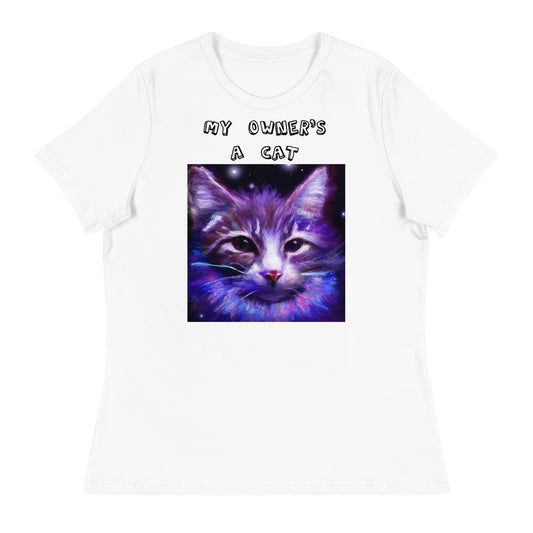 Women's White T-Shirt with Purple Space Cat with a text "My Owner's a Cat" at $25.97 found at Personalizedpetlovergifts