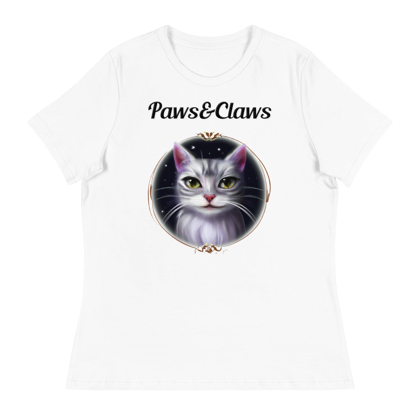 Women's White T-Shirt with text Wispy Whiskers Cat In a Circle with a text "Paws&Claws" at $25.97 found at Personalizedpetlovergifts