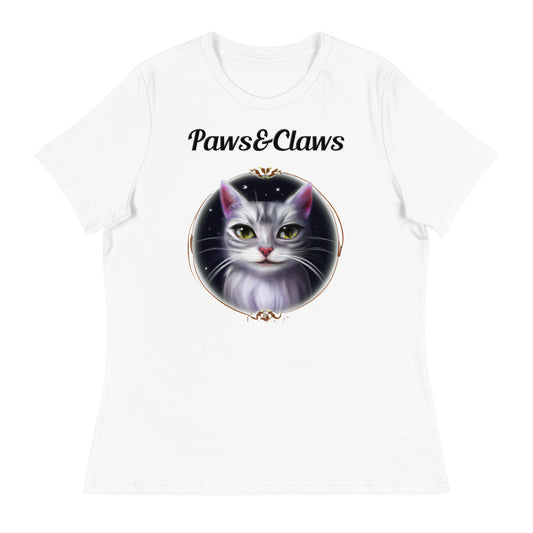 Women's White T-Shirt with text Wispy Whiskers Cat In a Circle with a text "Paws&Claws" at $25.97 found at Personalizedpetlovergifts