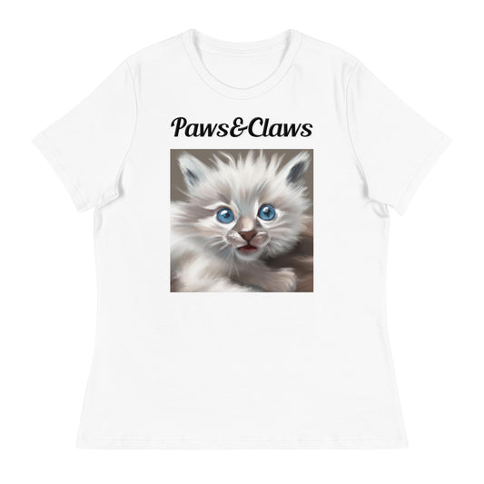 Women's White T-Shirt with text Wispy Kitten Painting with a text "Paws&Claws" at $25.97 found at Personalizedpetlovergifts