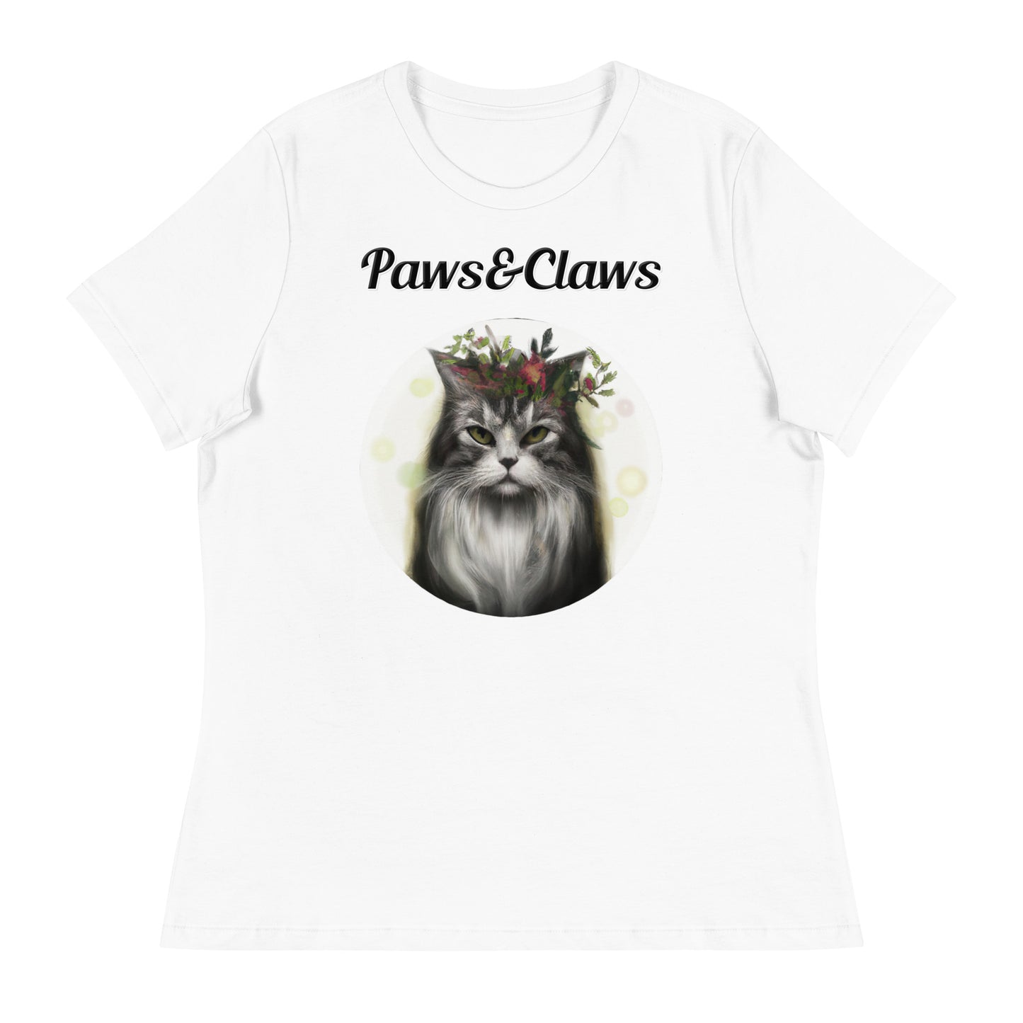 Women's White T-Shirt with text Wispy Haired Cat With Flowers with a text "Paws&Claws" at $25.97 found at Personalizedpetlovergifts