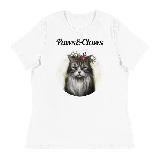 Women's White T-Shirt with text Wispy Haired Cat With Flowers with a text "Paws&Claws" at $25.97 found at Personalizedpetlovergifts