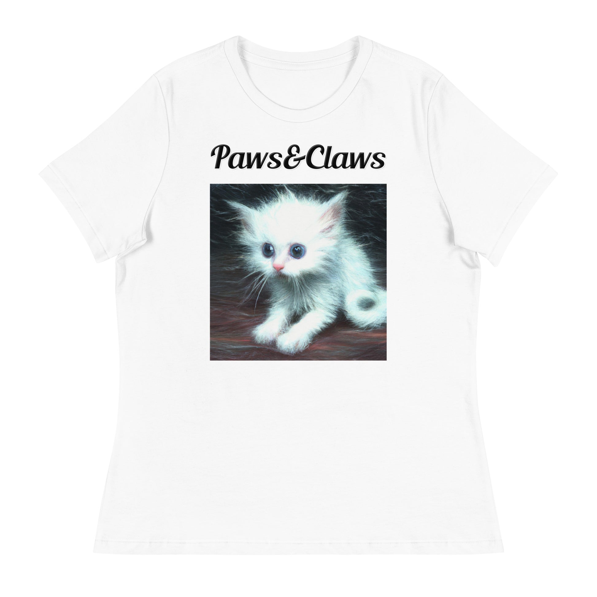 Women's White T-Shirt with text Wispy Furred Kitten with a text "Paws&Claws" at $25.97 found at Personalizedpetlovergifts