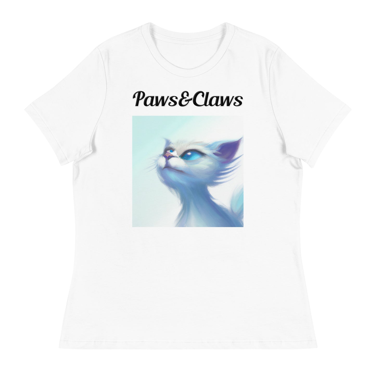 Women's White T-Shirt with text White Wind Swept Kitten With Blue Eyes with a text "Paws&Claws" at $25.97 found at Personalizedpetlovergifts