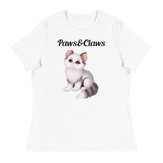 Women's White T-Shirt with text White Stripy Kitten with a text "Paws&Claws" at $25.97 found at Personalizedpetlovergifts