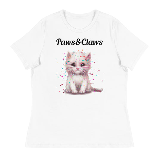 Women's White T-Shirt with text White Kitten With Confetti with a text "Paws&Claws" at $25.97 found at Personalizedpetlovergifts