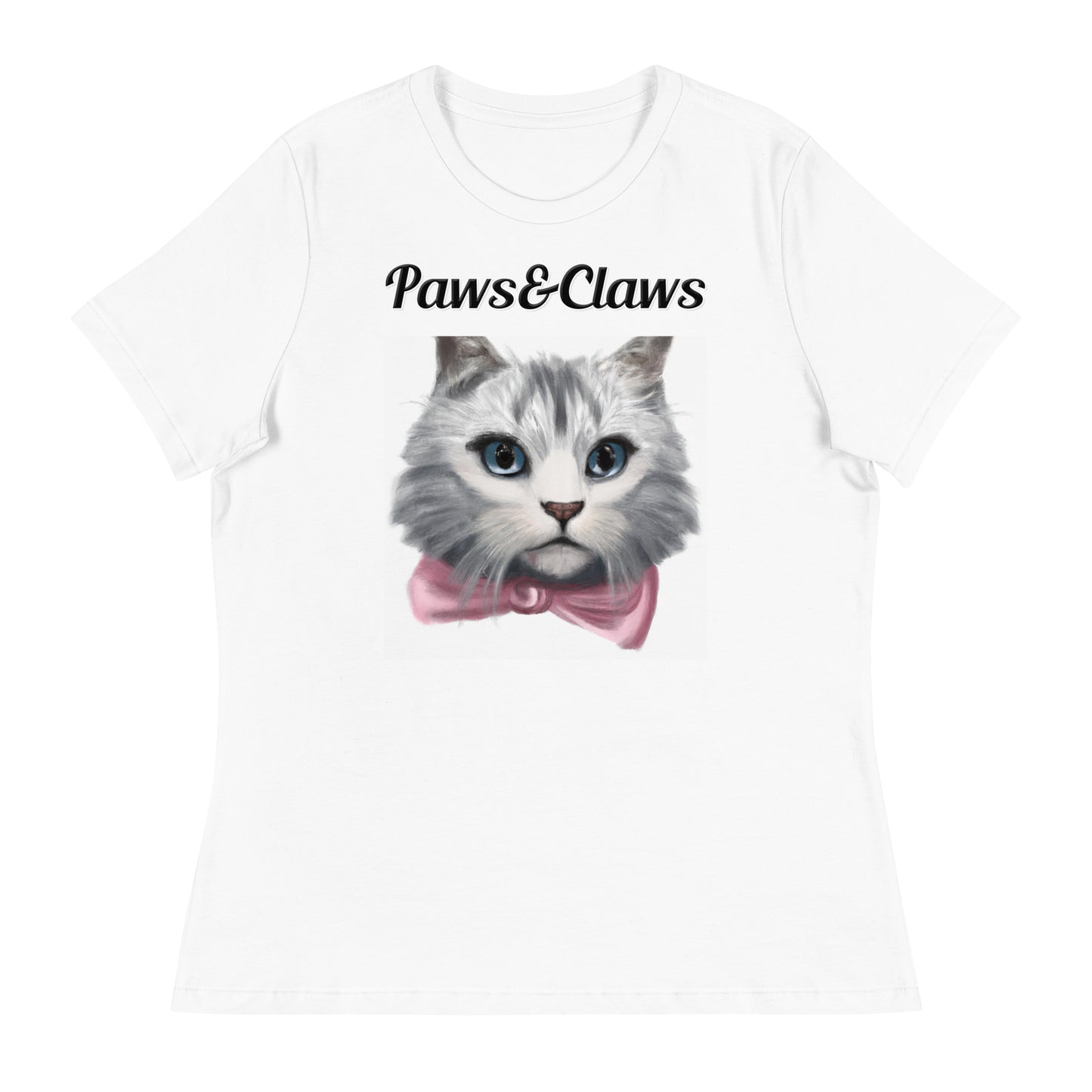 Women's White T-Shirt with text White Kitten With a Pink Bow with a text "Paws&Claws" at $25.97 found at Personalizedpetlovergifts