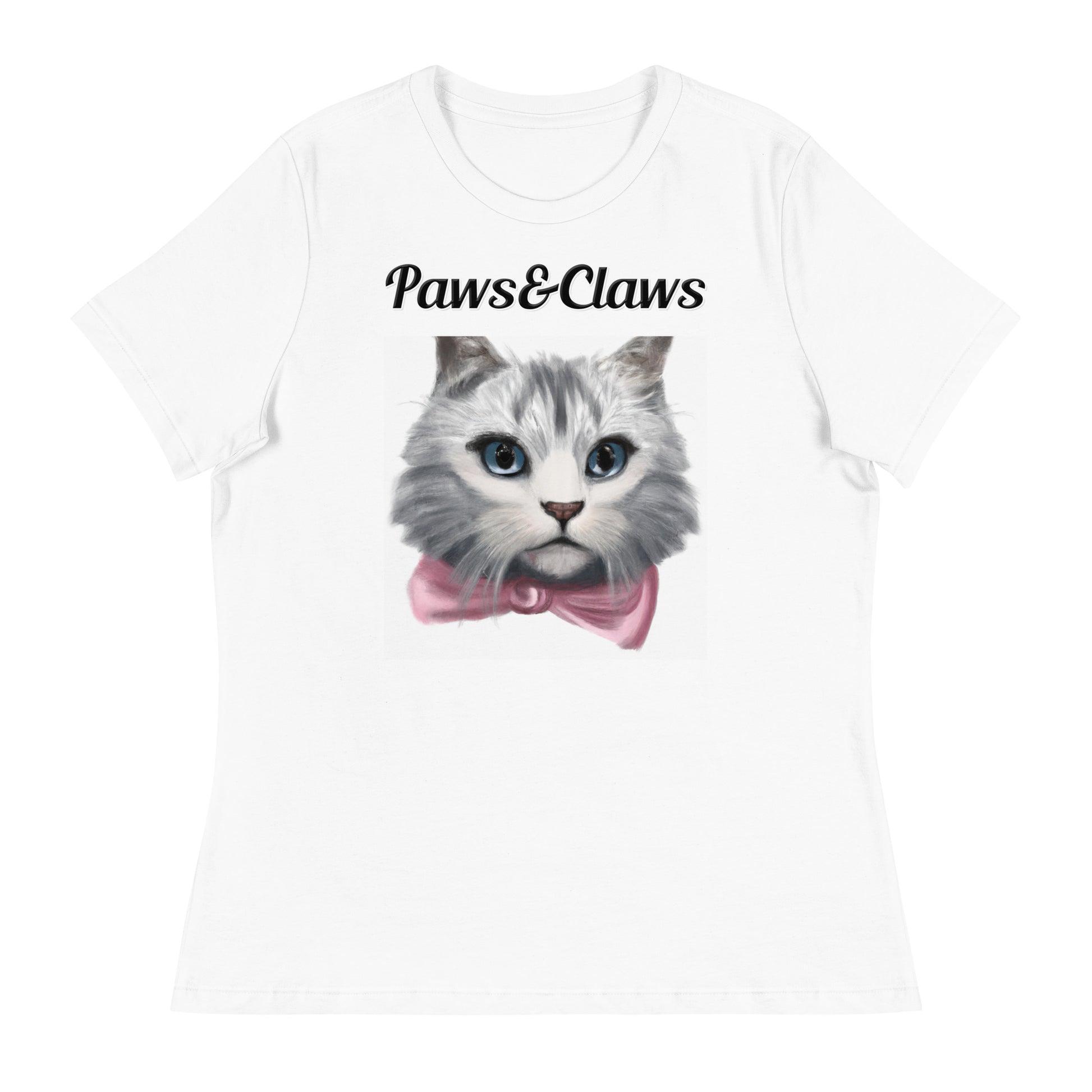 Women's White T-Shirt with text White Kitten With a Pink Bow with a text "Paws&Claws" at $25.97 found at Personalizedpetlovergifts