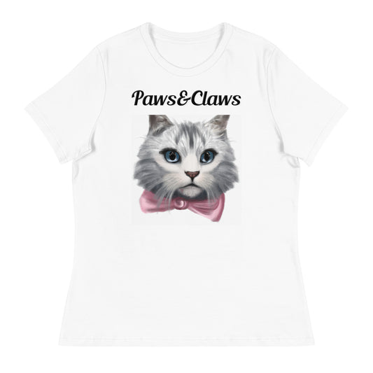 Women's White T-Shirt with text White Kitten With a Pink Bow with a text "Paws&Claws" at $25.97 found at Personalizedpetlovergifts