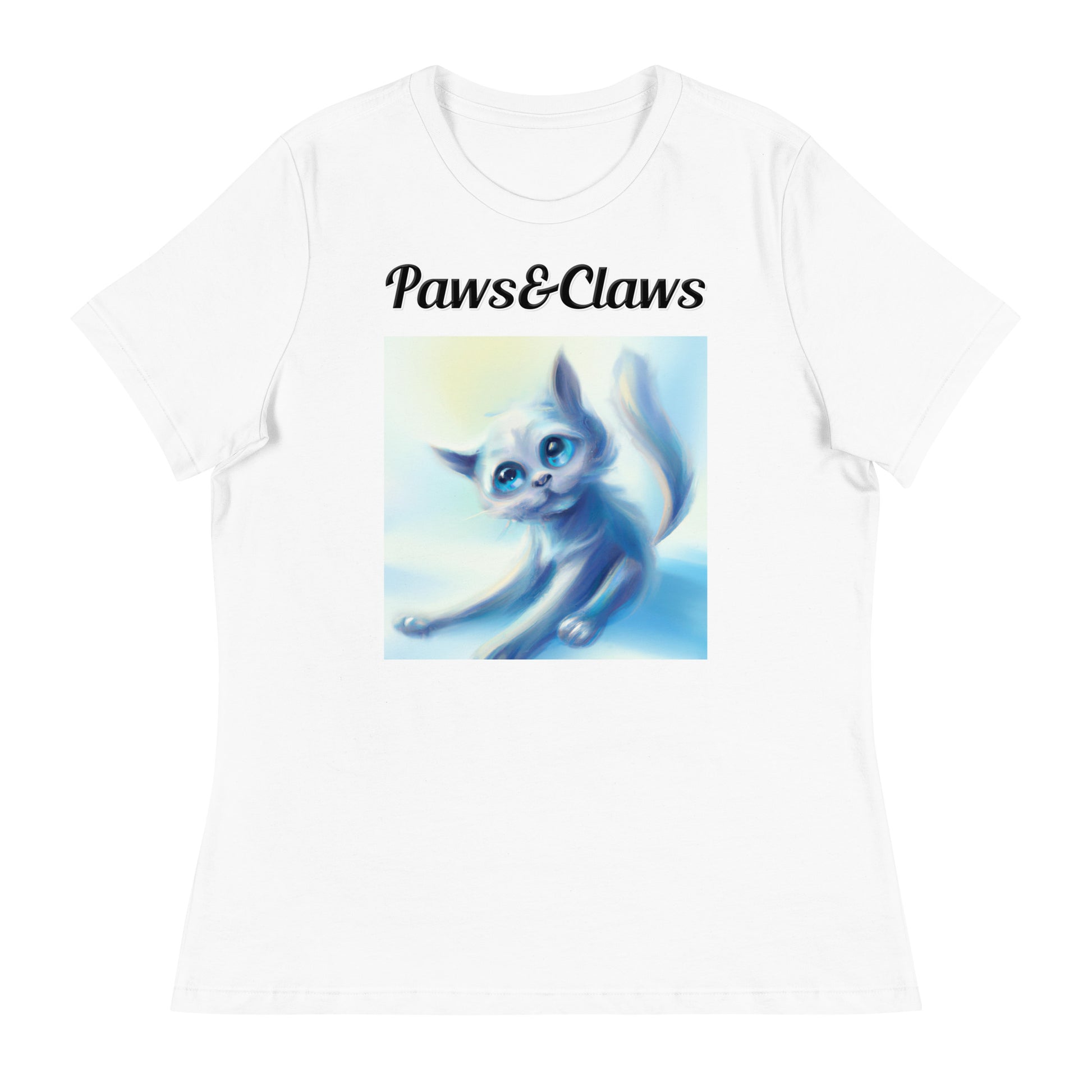 Women's White T-Shirt with text White Kitten Stretching with a text "Paws&Claws" at $25.97 found at Personalizedpetlovergifts