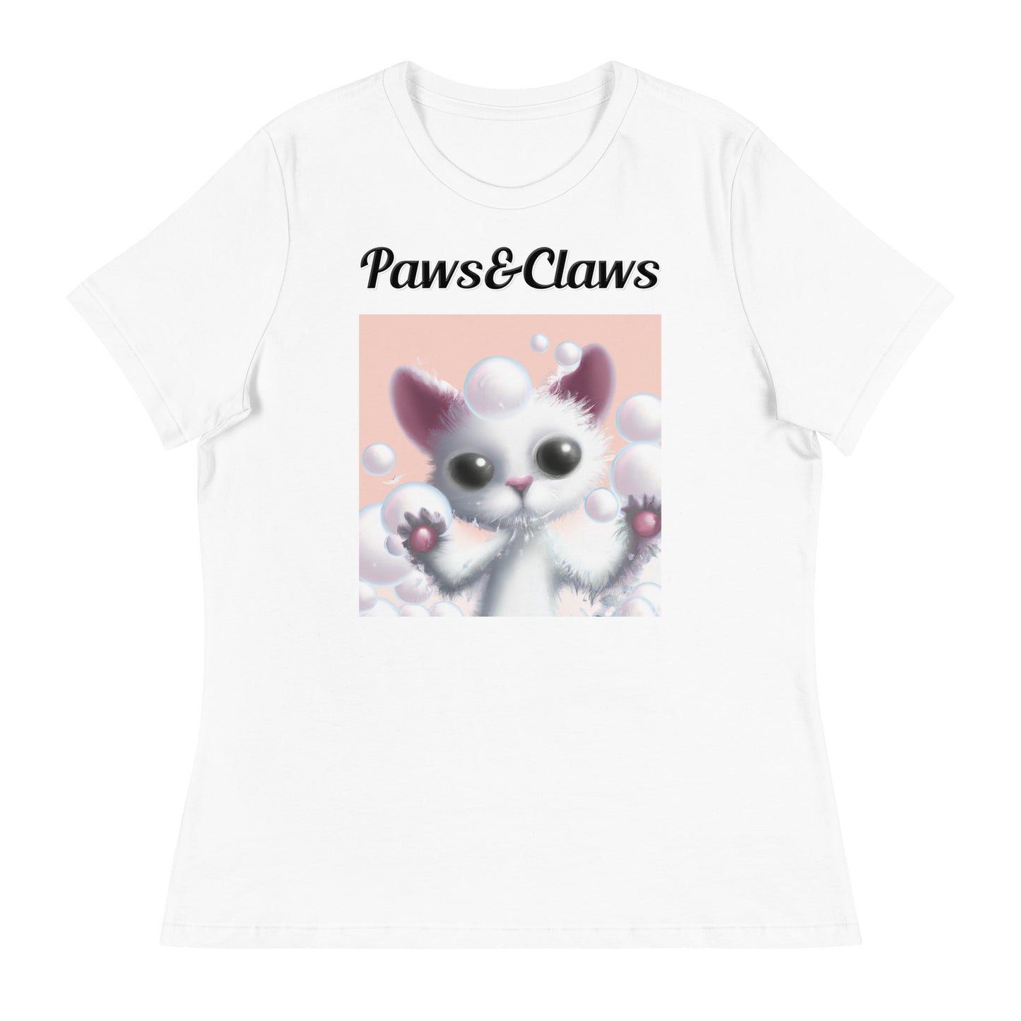 Women's White T-Shirt with text White Kitten Playing With Bubbles with a text "Paws&Claws" at $25.97 found at Personalizedpetlovergifts