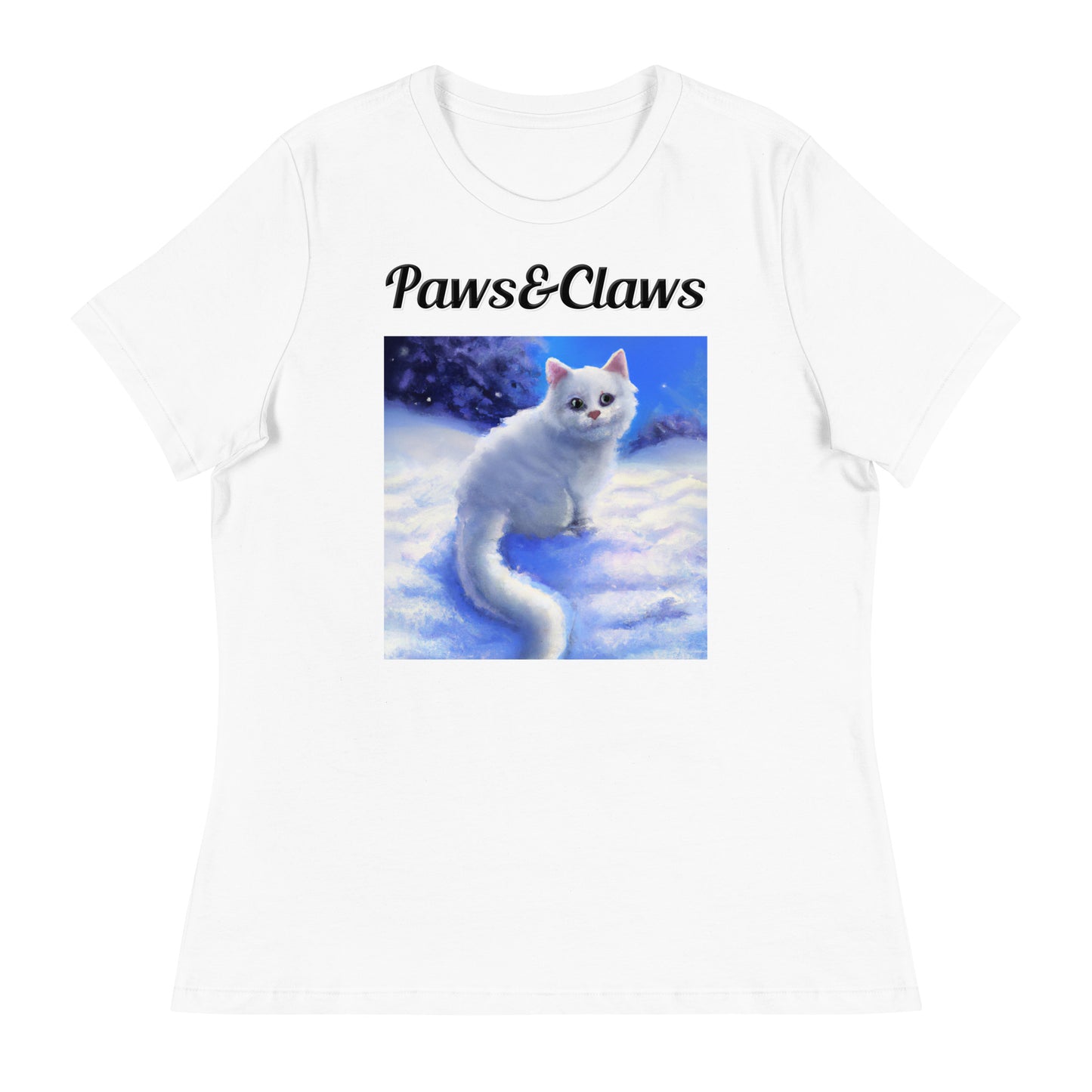 Women's White T-Shirt with text White Kitten In Winter with a text "Paws&Claws" at $25.97 found at Personalizedpetlovergifts