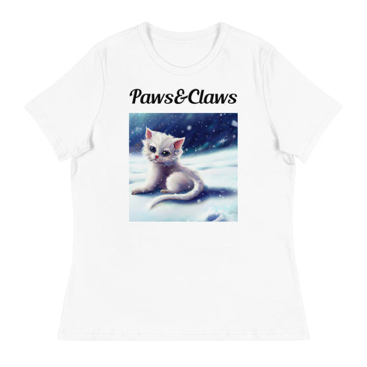 Women's White T-Shirt with text White Kitten In The Snow with a text "Paws&Claws" at $25.97 found at Personalizedpetlovergifts