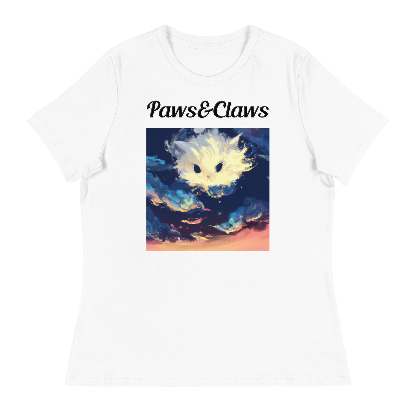 Women's White T-Shirt with text White Kitten Cloud Painting with a text "Paws&Claws" at $25.97 found at Personalizedpetlovergifts