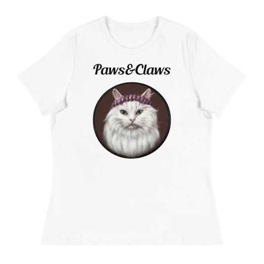 Women's White T-Shirt with text White Fluffy Kitten With a Knit Headband with a text "Paws&Claws" at $25.97 found at Personalizedpetlovergifts