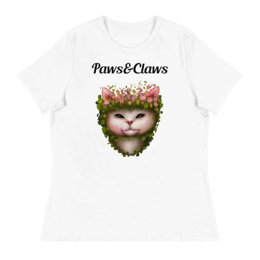 Women's White T-Shirt with text White Cat With Flowers with a text "Paws&Claws" at $25.97 found at Personalizedpetlovergifts