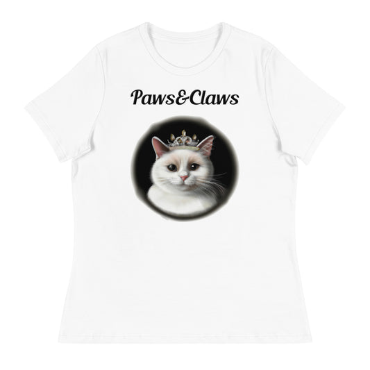 Women's White T-Shirt with text White Cat With a Tiara with a text "Paws&Claws" at $25.97 found at Personalizedpetlovergifts