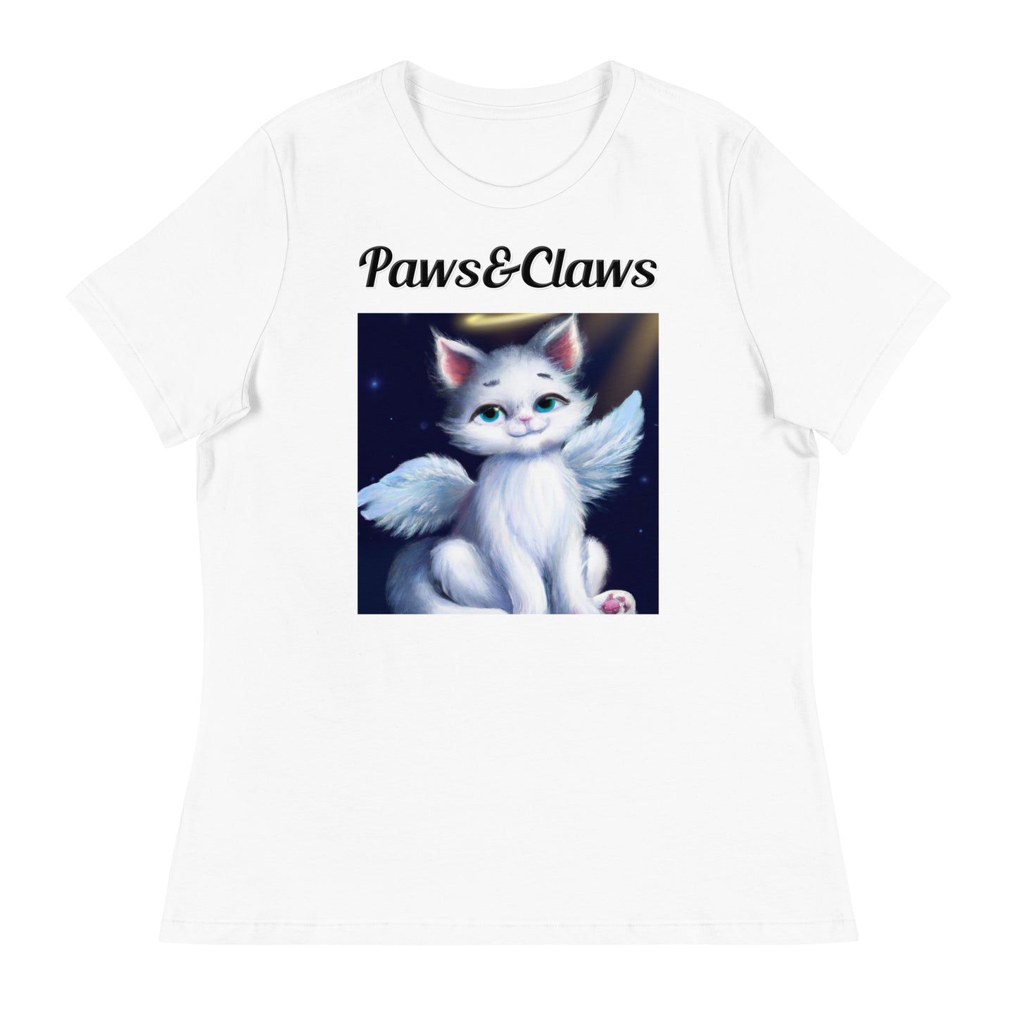 Women's White T-Shirt with text White Angel Cat with a text "Paws&Claws" at $25.97 found at Personalizedpetlovergifts