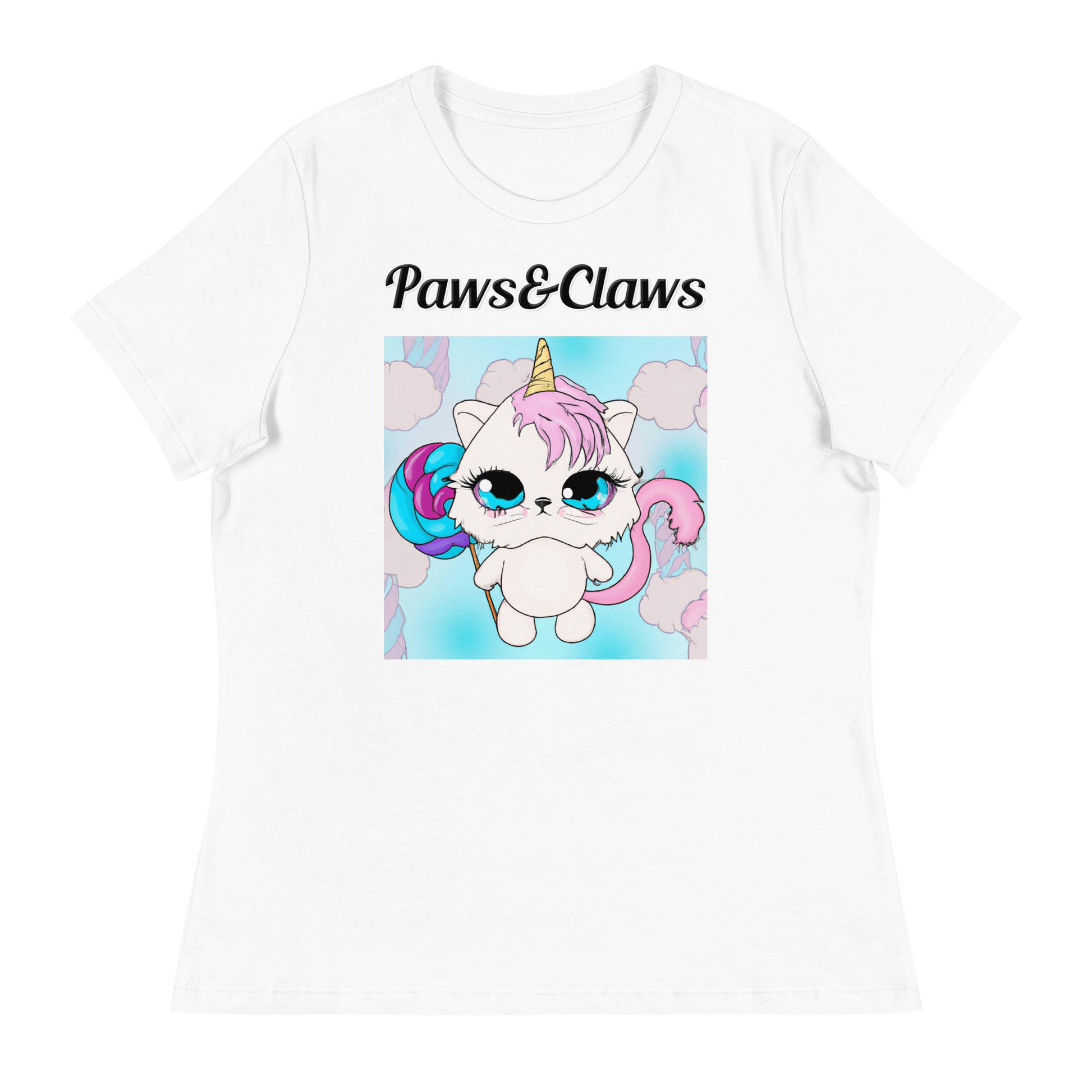 Women's White T-Shirt with text Unicorn Kitten With Lollipop with a text "Paws&Claws" at $25.97 found at Personalizedpetlovergifts