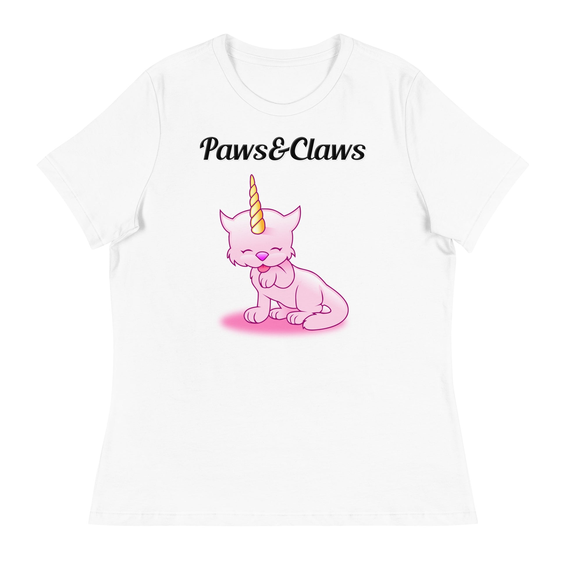 Women's White T-Shirt with text Unicorn Cat Licking Its Paw with a text "Paws&Claws" at $25.97 found at Personalizedpetlovergifts