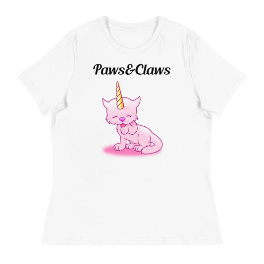 Women's White T-Shirt with text Unicorn Cat Licking Its Paw with a text "Paws&Claws" at $25.97 found at Personalizedpetlovergifts