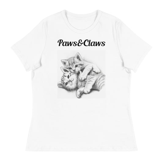 Women's White T-Shirt with text Two Cute Kittens Hugging Pencil Drawing with a text "Paws&Claws" at $25.97 found at Personalizedpetlovergifts