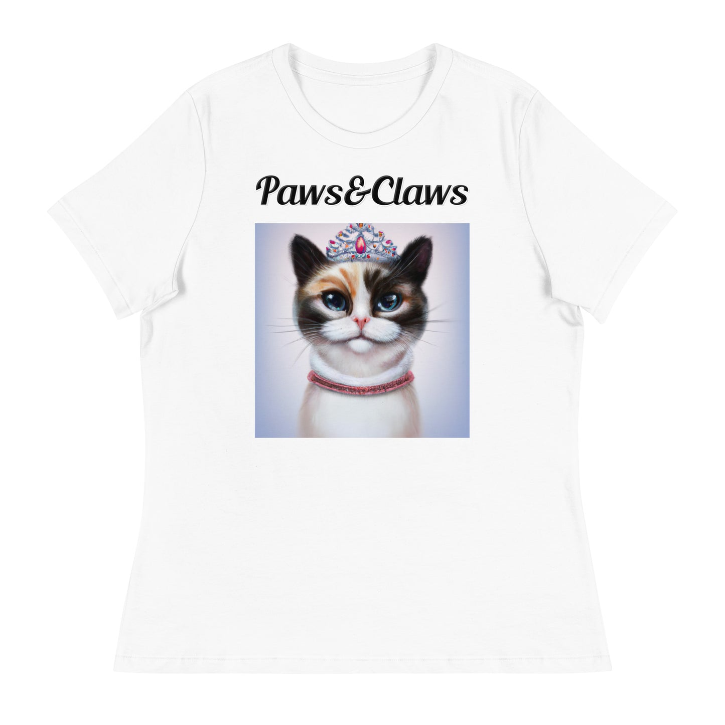 Women's White T-Shirt with text Tri-Colored Cat With A Tiara with a text "Paws&Claws" at $25.97 found at Personalizedpetlovergifts