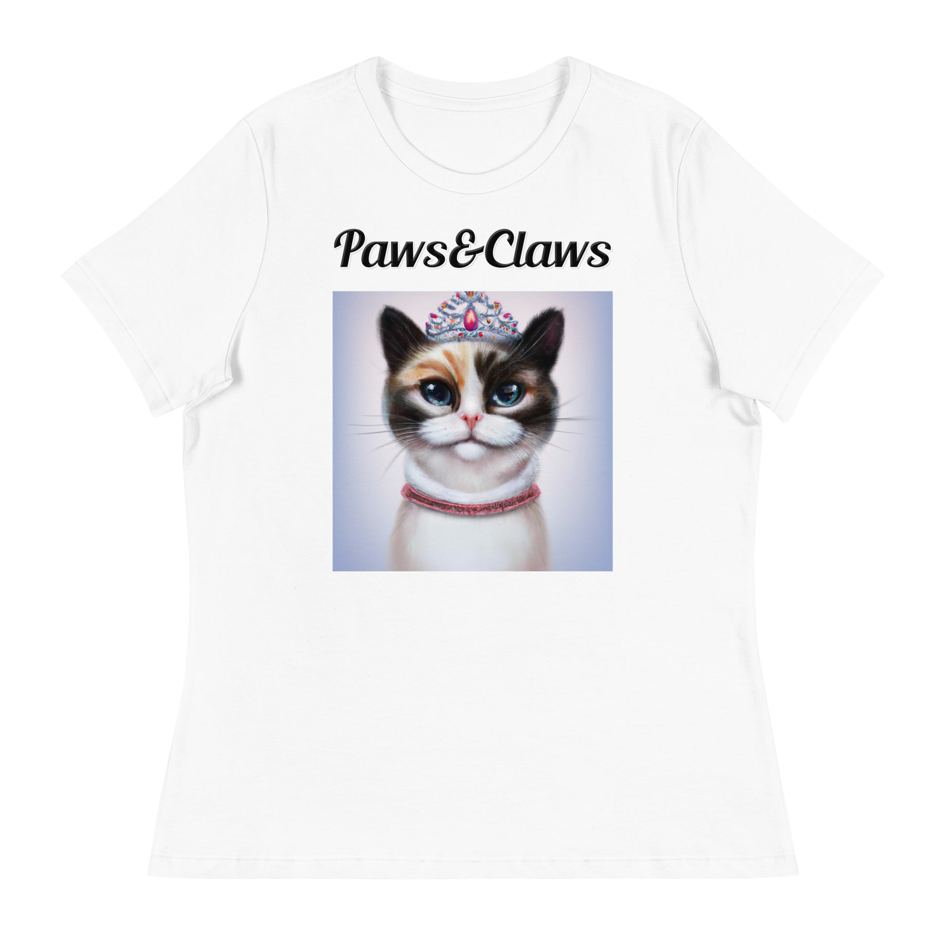 Women's White T-Shirt with text Tri-Colored Cat With A Tiara with a text "Paws&Claws" at $25.97 found at Personalizedpetlovergifts