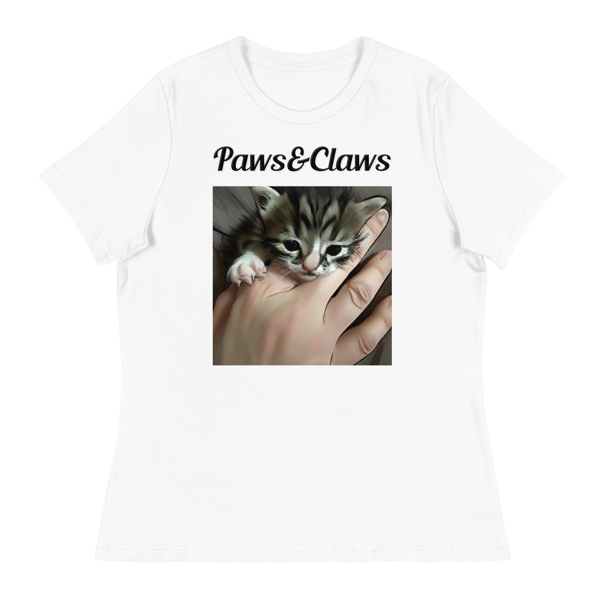 Women's White T-Shirt with text Tiny Kitten In Hand with a text "Paws&Claws" at $25.97 found at Personalizedpetlovergifts