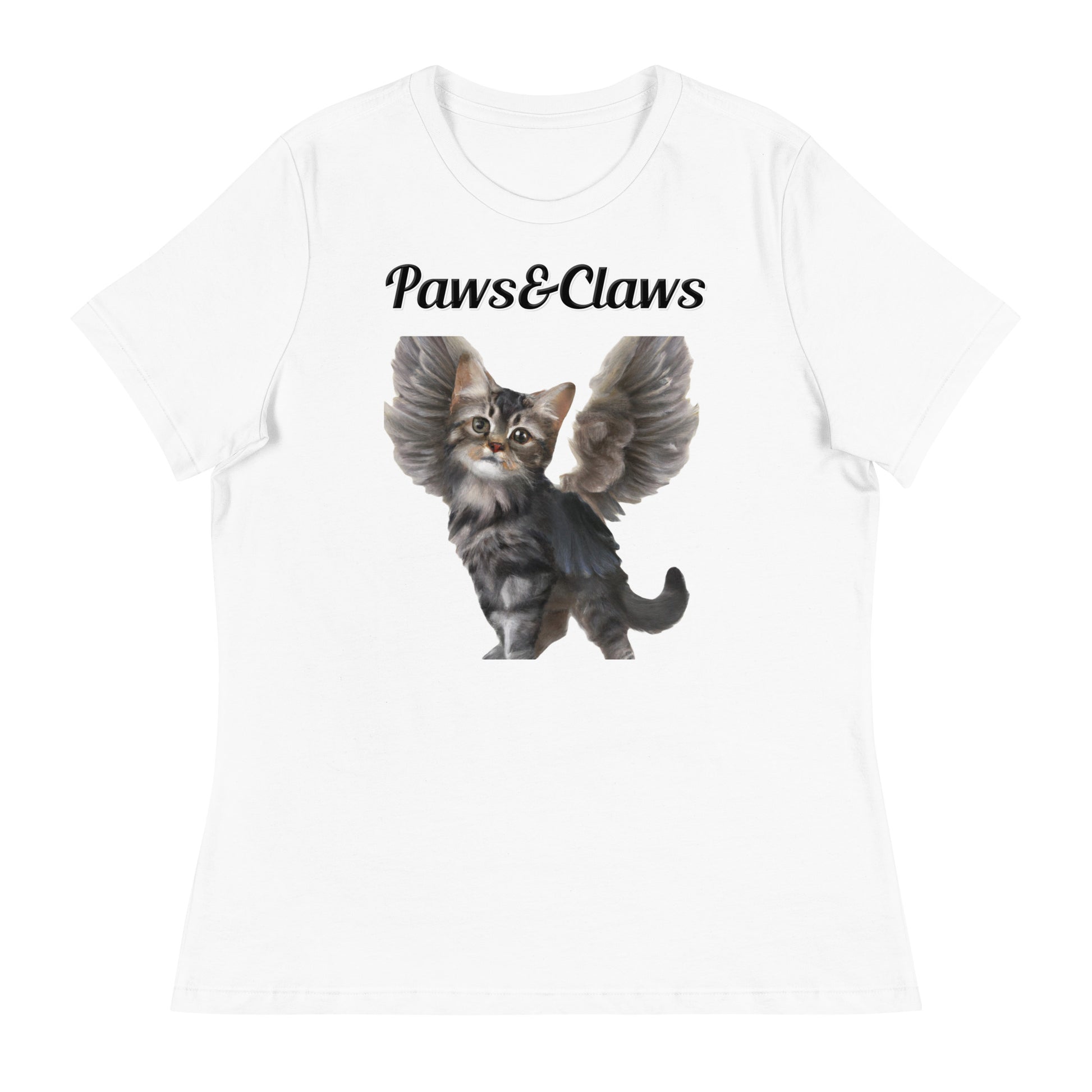 Women's White T-Shirt with text Tabby Cat With Angel Wings with a text "Paws&Claws" at $25.97 found at Personalizedpetlovergifts