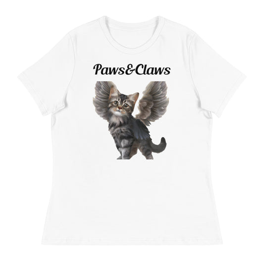 Women's White T-Shirt with text Tabby Cat With Angel Wings with a text "Paws&Claws" at $25.97 found at Personalizedpetlovergifts